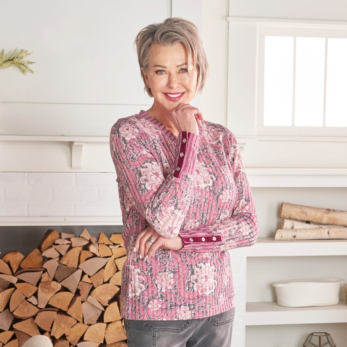 Christopher & Banks Floral Print Rib Knit Long Sleeve Tee