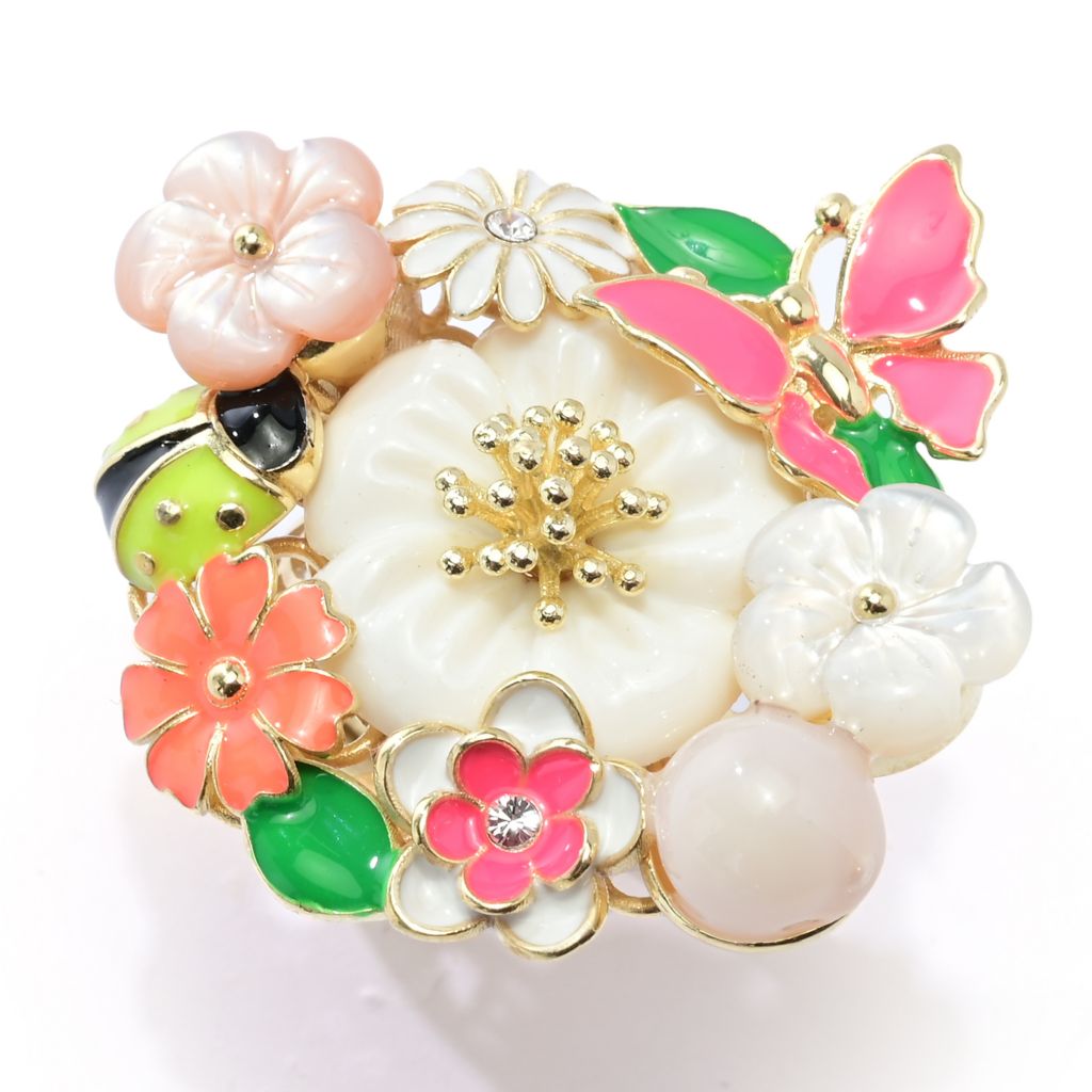 Graziella 23K Gold Plated Enamel & Mother-of-Pearl Floral Ring
