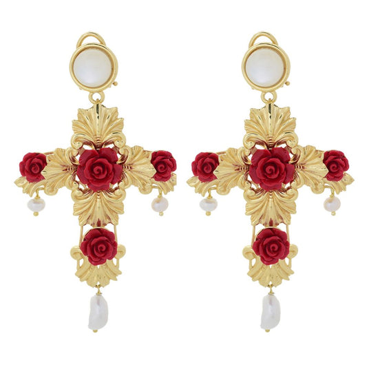Graziella 23K Gold Plated Carved Rose Cross & Cultured Pearl Drop Earrings