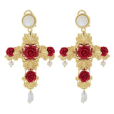 Graziella 23K Gold Plated Carved Rose Cross & Cultured Pearl Drop Earrings