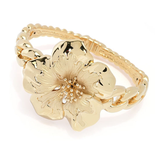 Graziella 23K Gold Plated Electroform Hibiscus Curb Link Cuff Bracelet