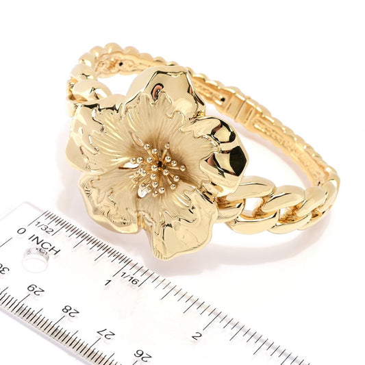 Graziella 23K Gold Plated Electroform Hibiscus Curb Link Cuff Bracelet