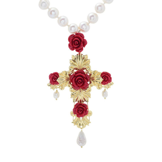Graziella 23K Gold Plated Carved Rose Cross Pendant w/ Cultured Pearl Necklace