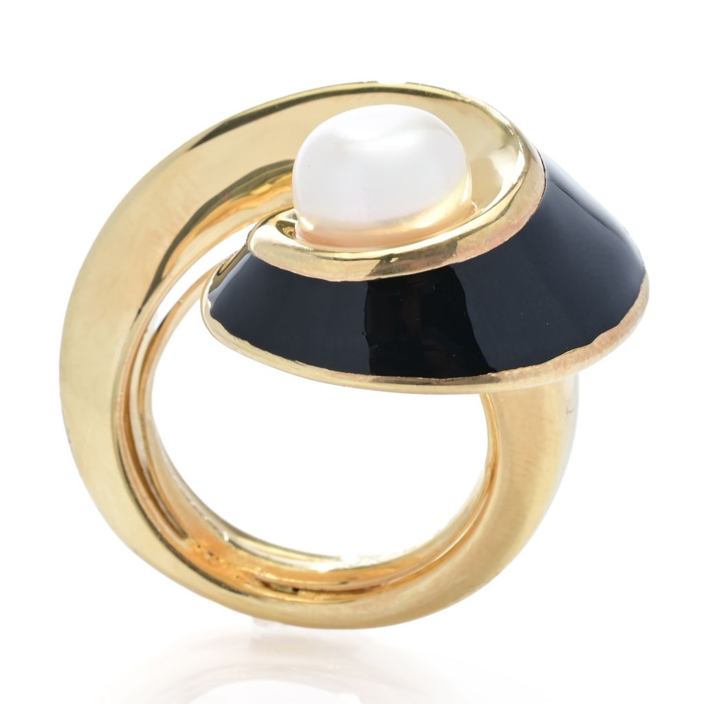 Graziella 23K Gold Plated 14mm Cultured Pearl & Enamel Wrap Ring