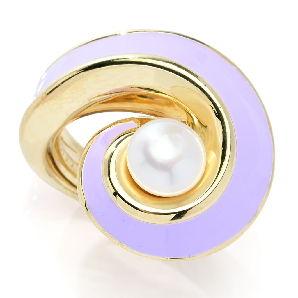 Graziella 23K Gold Plated 14mm Cultured Pearl & Enamel Wrap Ring - One Size (5-10)