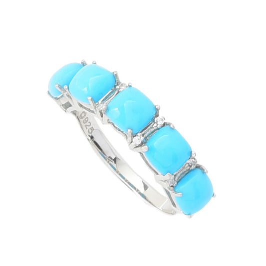 Platinum Plated 5-Stone Cushion Sleeping Beauty Turquoise & White Zircon Ring