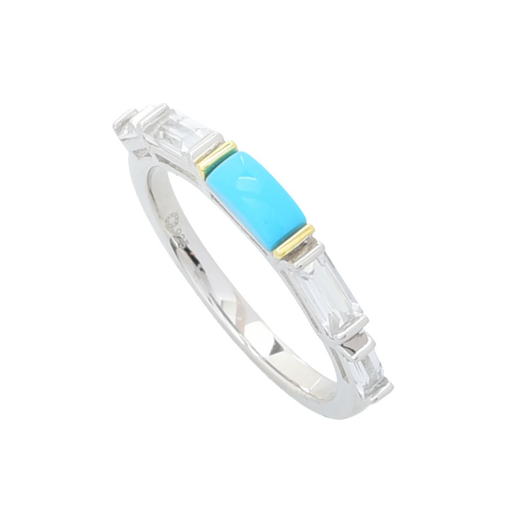 Two-Tone Baguette Sleeping Beauty Turquoise & White Topaz Band Ring