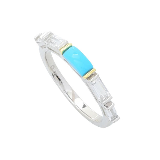 Two-Tone Baguette Sleeping Beauty Turquoise & White Topaz Band Ring