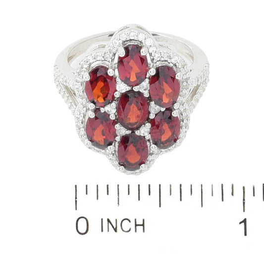 Platinum Plated 4.95ctw Garnet & White Zircon Cluster Ring
