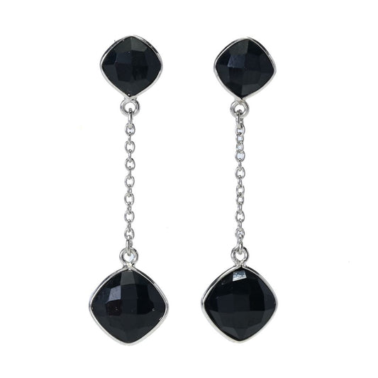 Platinum Plated Cushion Shape Black Onyx Dangle Earrings