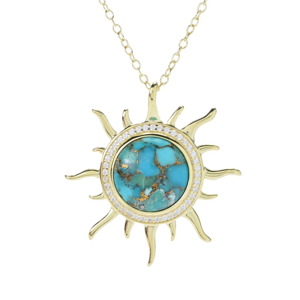18K Gold Plated 12mm Blue Copper Turquoise & Zircon Sun Pendant