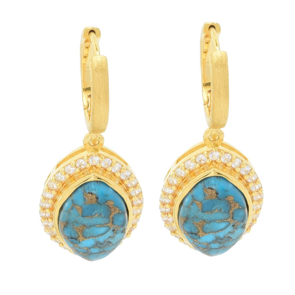 18K Gold Plated 14x9mm Blue Copper Turquoise & Zircon Drop Earrings