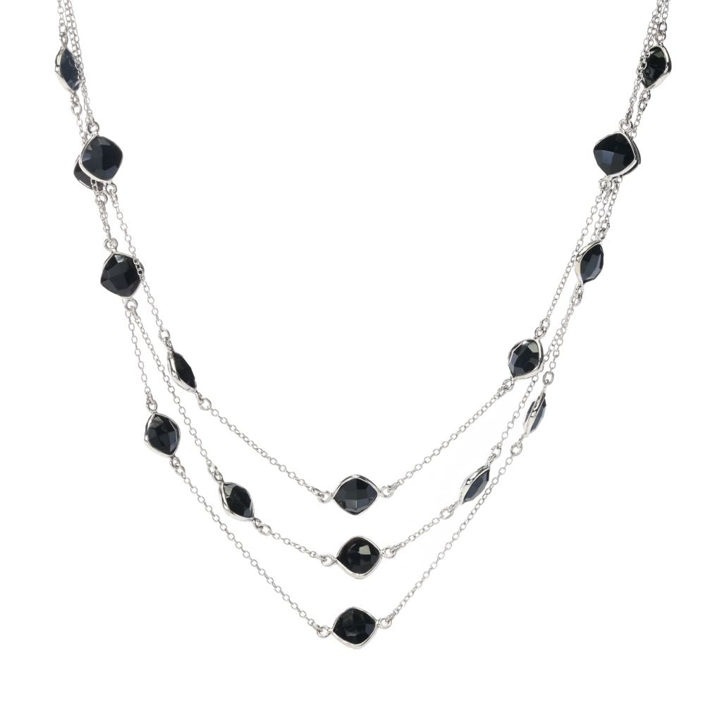 Platinum Plated 7mm Black Onyx Station Triple Row Layered Necklace