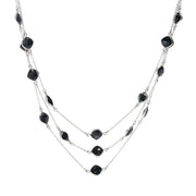 Platinum Plated 7mm Black Onyx Station Triple Row Layered Necklace