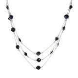 Platinum Plated 7mm Black Onyx Station Triple Row Layered Necklace