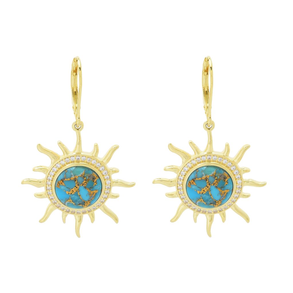 18K Gold Plated 10mm Blue Copper Turquoise & Zircon Sun Drop Earrings