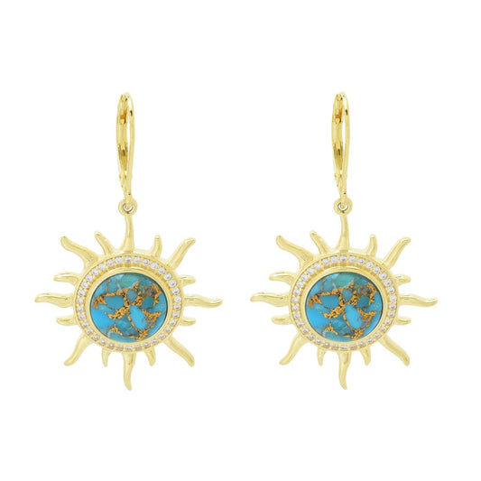 18K Gold Plated 10mm Blue Copper Turquoise & Zircon Sun Drop Earrings