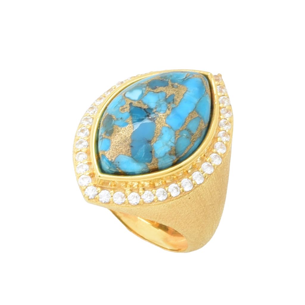 18K Gold Plated 18x11mm Blue Copper Turquoise & Zircon Halo Ring
