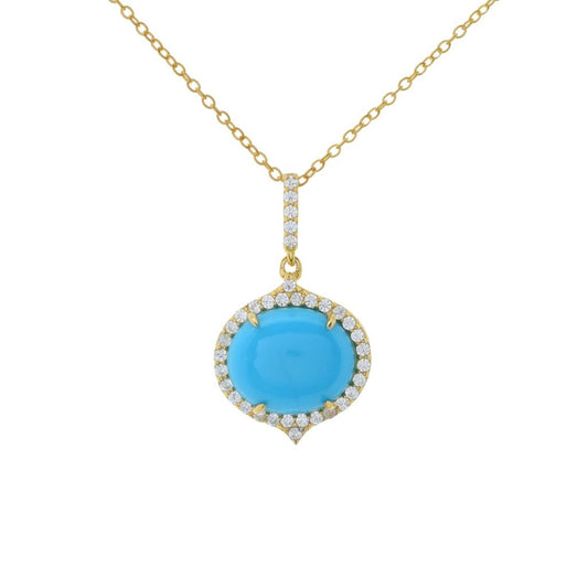 18K Gold Plated 12x10mm Sleeping Beauty Turquoise & Zircon East-West Pendant with Chain