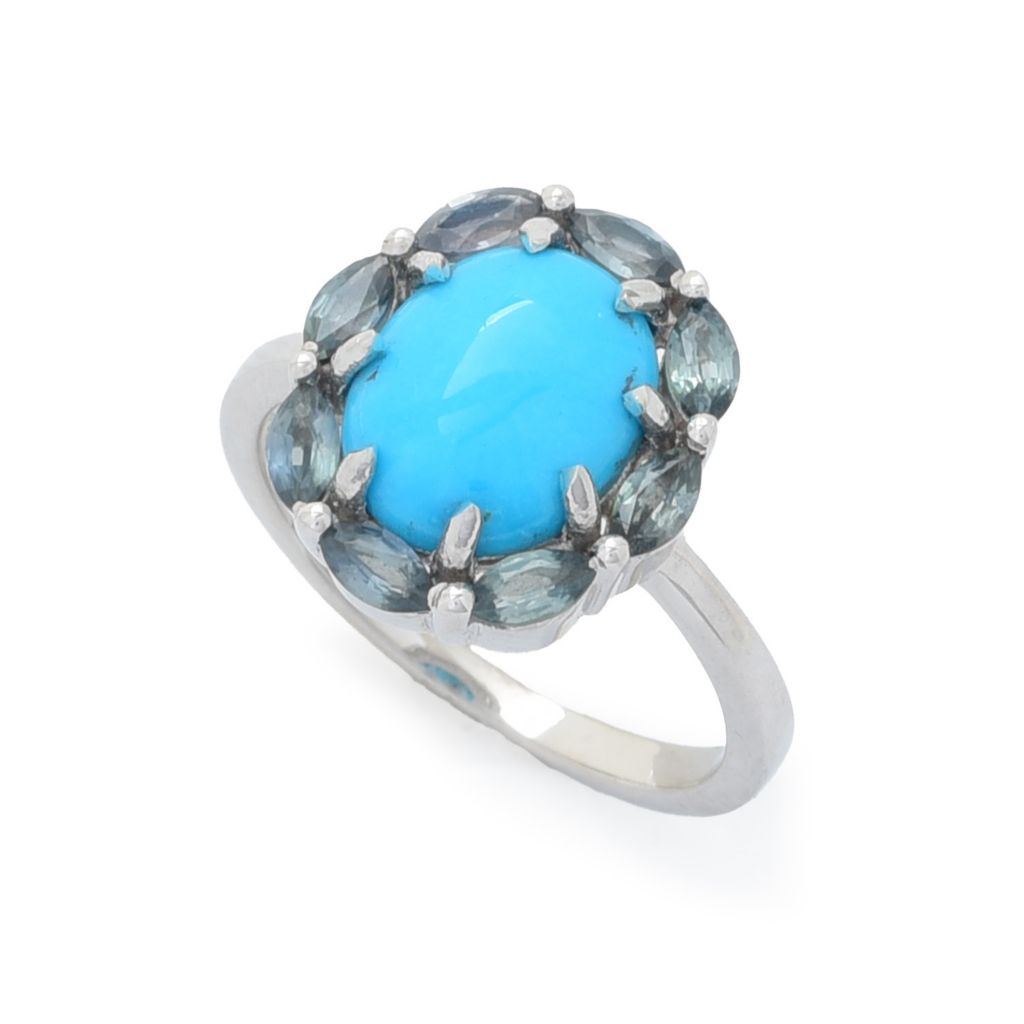 Platinum Plated 10x8mm Sleeping Beauty Turquoise & Montana Sapphire Halo Ring
