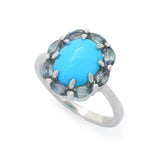 Platinum Plated 10x8mm Sleeping Beauty Turquoise & Montana Sapphire Halo Ring