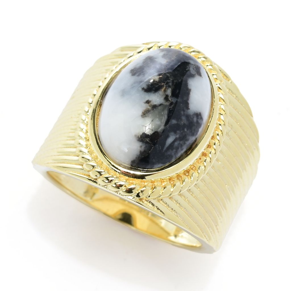 18K Gold Plated 14x10mm White Buffalo Striped Wide Band Ring