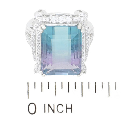 Gem Treasures 14.17ctw Emerald Cut Bicolor Fluorite & Zircon Ring