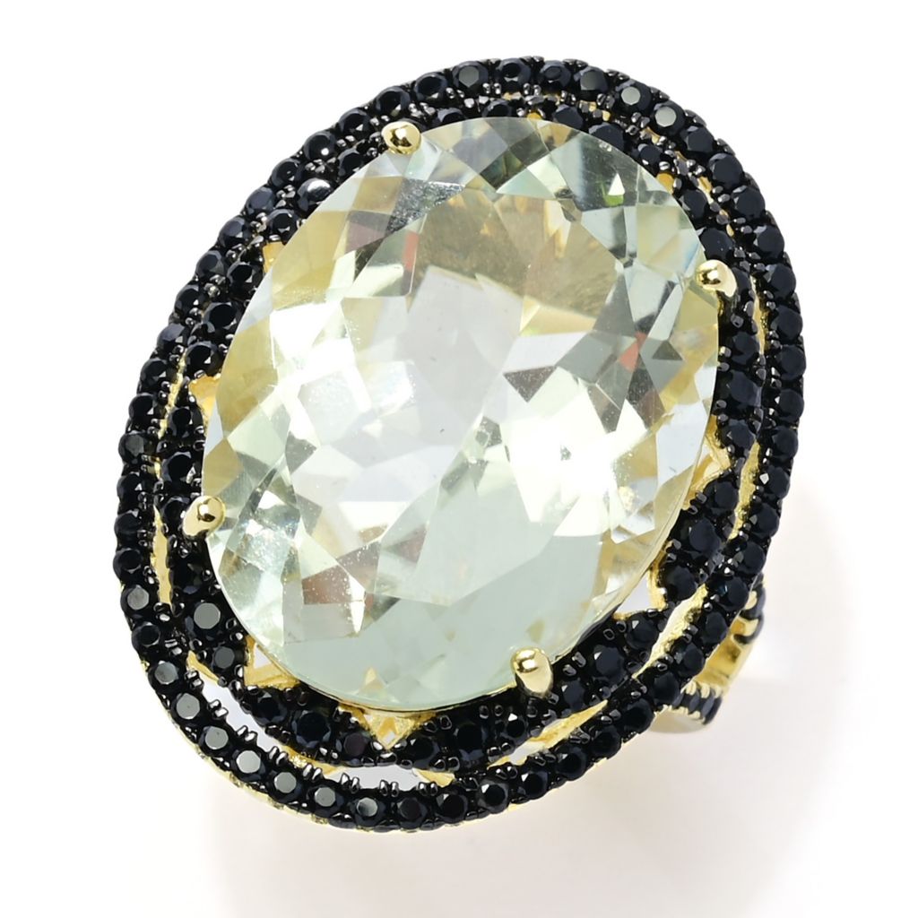 18K Gold Plated 20x15mm Oval Prasiolite & Black Spinel Statement Ring