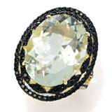 18K Gold Plated 20x15mm Oval Prasiolite & Black Spinel Statement Ring