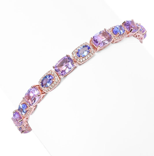 Rose Gold Plated 20.95ctw Pink Amethyst, Tanzanite & White Zircon Bracelet