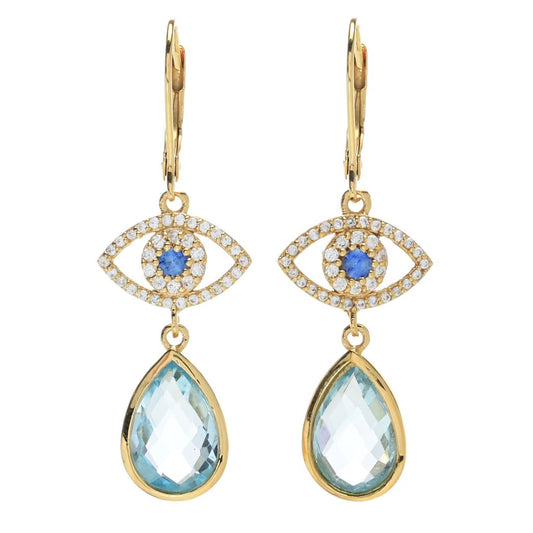 18K Gold Plated 6.98ctw Blue Topaz & Ceylon Sapphire Evil Eye Motif Earrings