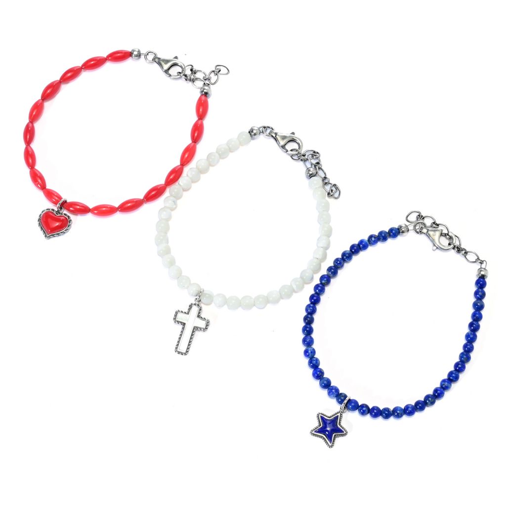 Southwest Elements Set of 3 Gemstone Bead & Charm 7"+1.5" Bracelets