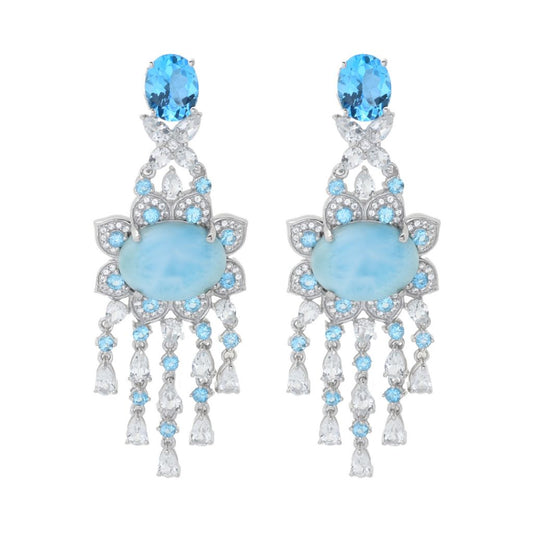 Gem Treasures 16x12mm Larimar & Multi Topaz Chandelier Earrings