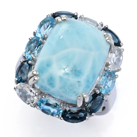 Gem Treasures Sterling Silver 16x12mm Larimar & Multi Topaz Halo Ring