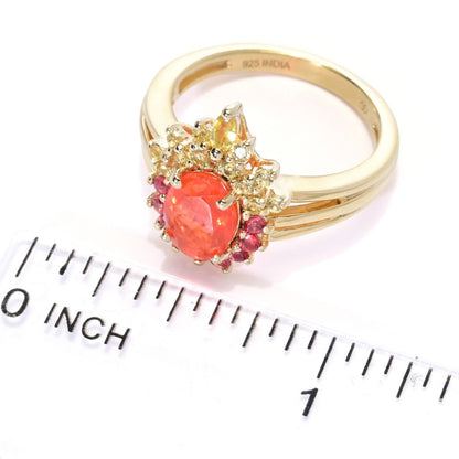 Gem Treasures 18K Vermeil 8x6mm Fire Opal & Multi Sapphire Halo Ring
