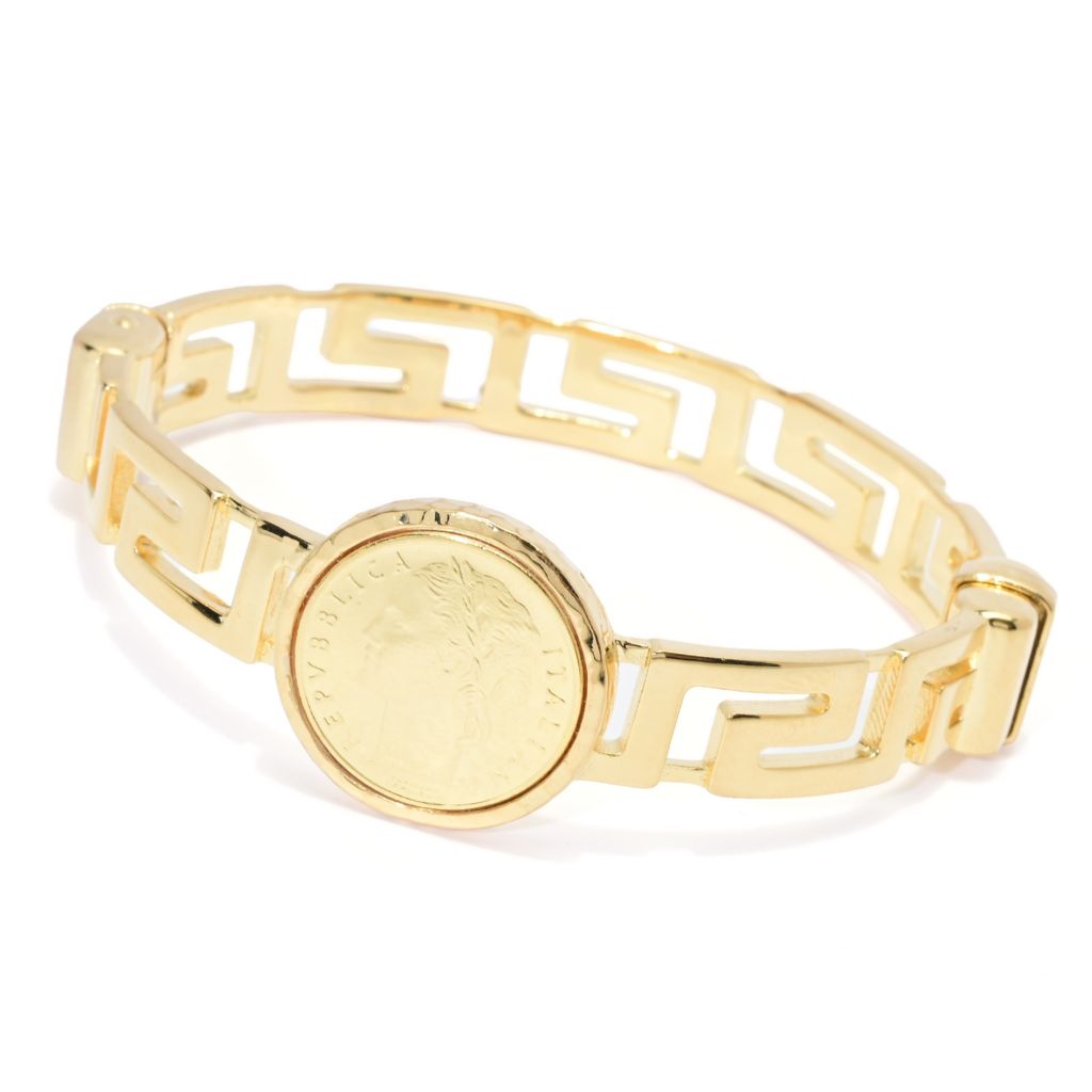 Toscana Italiana 18K Gold Plated Genuine Lira Coin Greek Key Cuff Bracelet