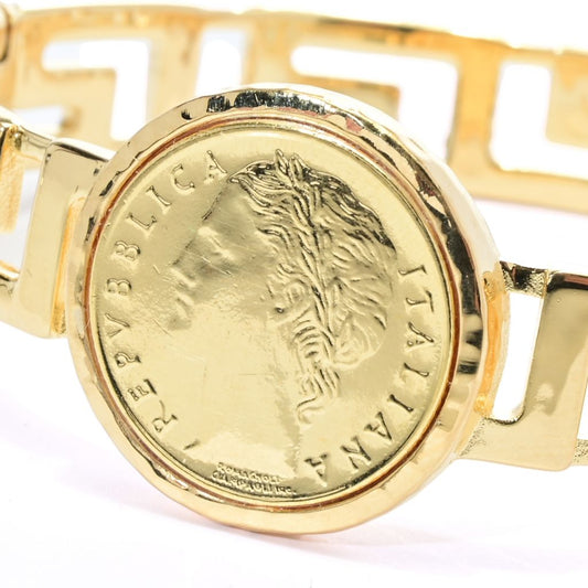 Toscana Italiana 18K Gold Plated Genuine Lira Coin Greek Key Cuff Bracelet