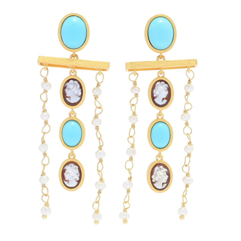 Cameo Italiano "Anastasia" Cameo, Turquoise & Cultured Pearl Earrings