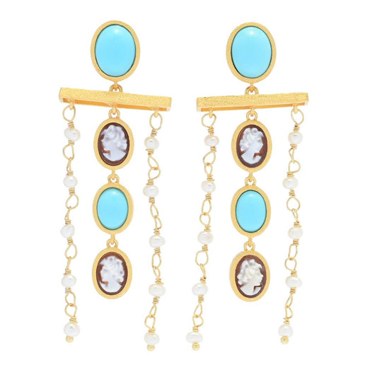 Cameo Italiano "Anastasia" Cameo, Turquoise & Cultured Pearl Earrings