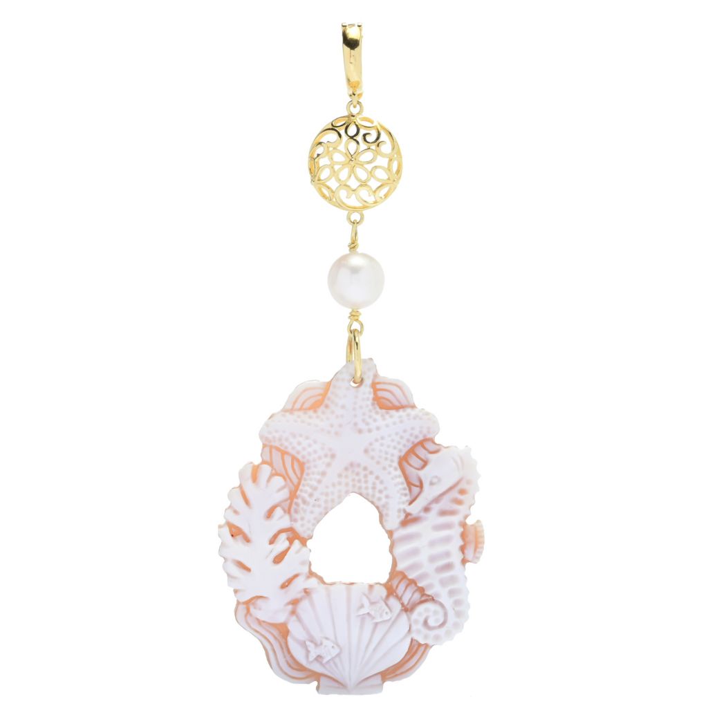 Cameo Italiano "Elysse" 60x45mm Shell Cameo & Cultured Pearl Sea Life Pendant