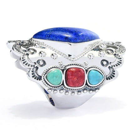 Southwest Elements Lapis, Mohave Kingman Turquoise & Red Coral Ring