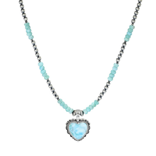 Southwest Elements 20x20mm Heart Shape Larimar & Navajo Pearl Beaded Necklace
