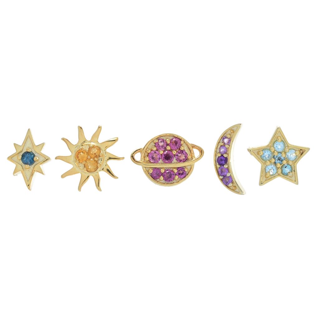 18K Gold Plated Set of 5 Gemstone Celestial Single Stud Earrings