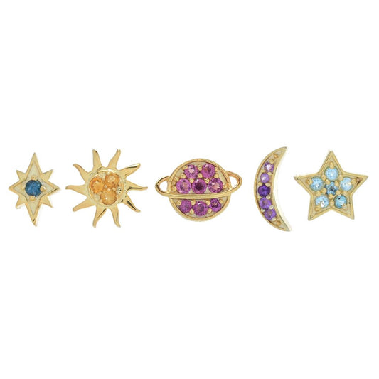 18K Gold Plated Set of 5 Gemstone Celestial Single Stud Earrings