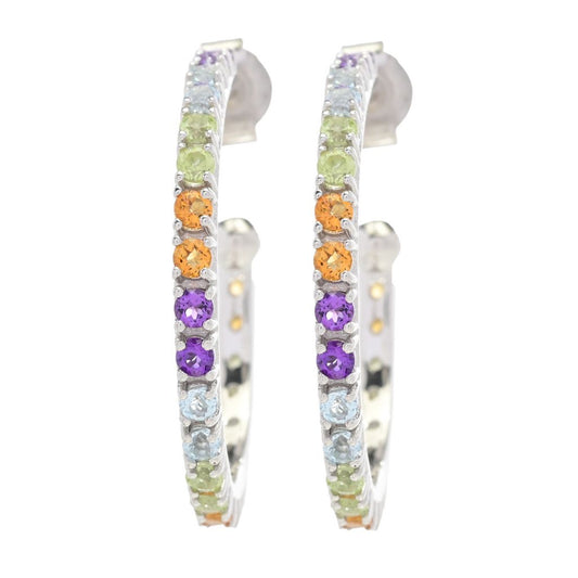 Platinum Plated Polished Choice of Gemstone 1" Hoop Earrings