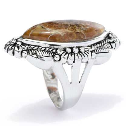 Southwest Elements Sterling Silver 24x12mm Marquise Shape Ammonite Shell Ring