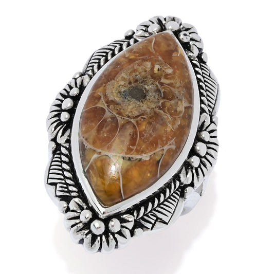 Southwest Elements Sterling Silver 24x12mm Marquise Shape Ammonite Shell Ring