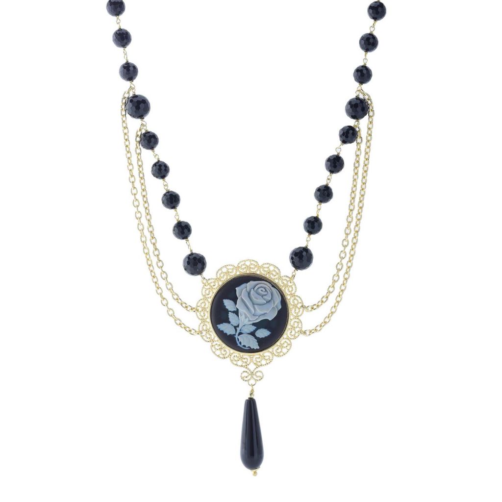 Graziella 23K Gold Plated Carved Rose & Black Onyx Multi Strand Necklace
