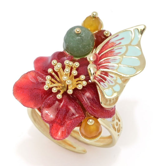Graziella 23K Gold Plated Carved Resin & Quartz Butterfly & Flower Ring