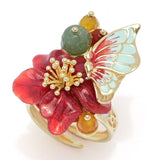 Graziella 23K Gold Plated Carved Resin & Quartz Butterfly & Flower Ring